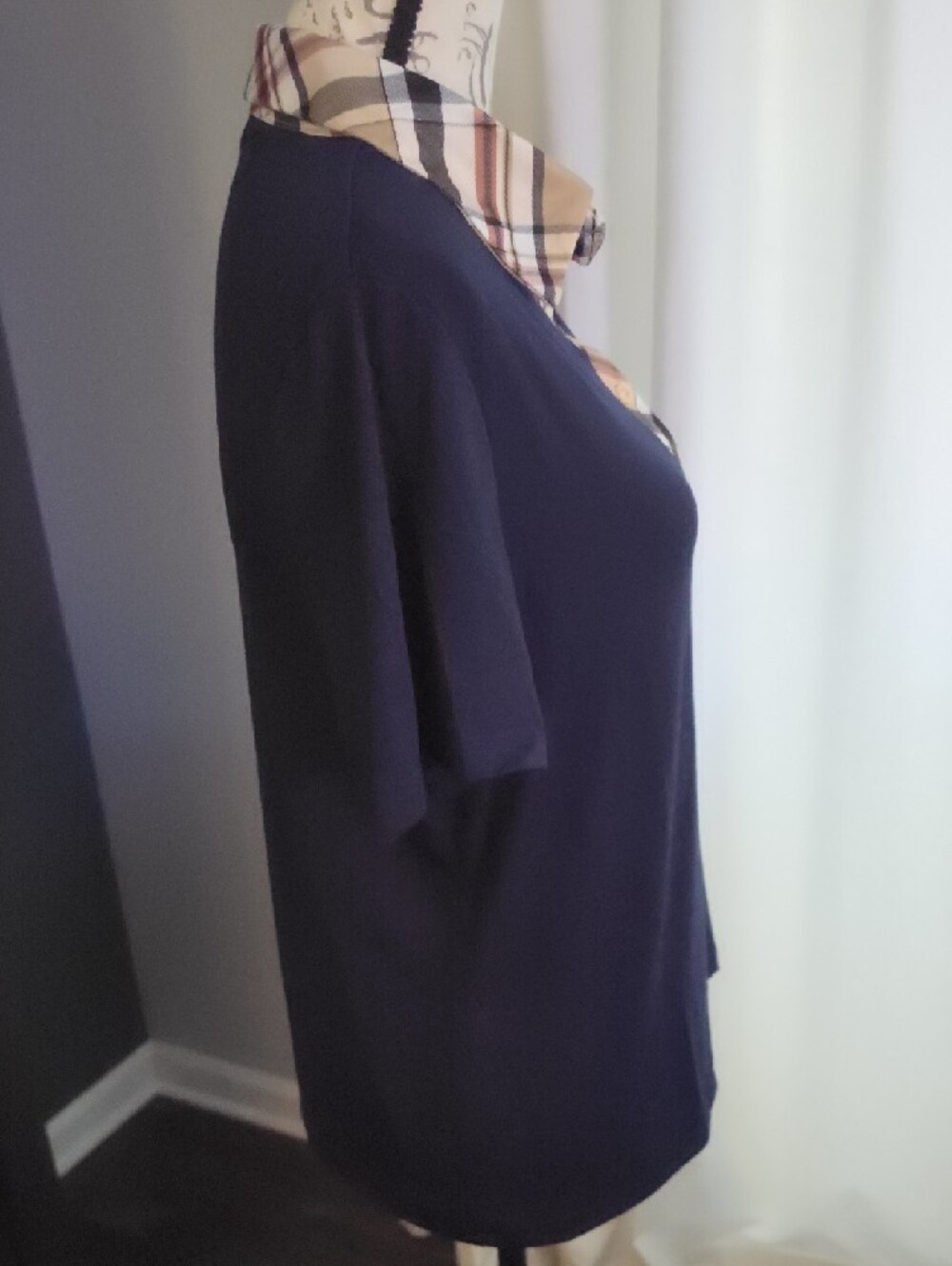Classic Navy Polo Top with Plaid Trim - Picture 3 of 7